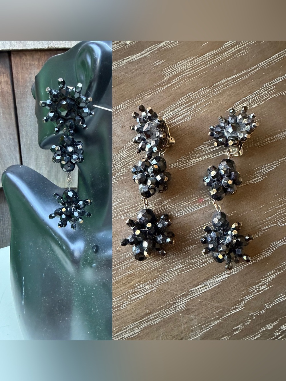 Vintage dangle earring black beads Vendome 3 round clusters design clip on